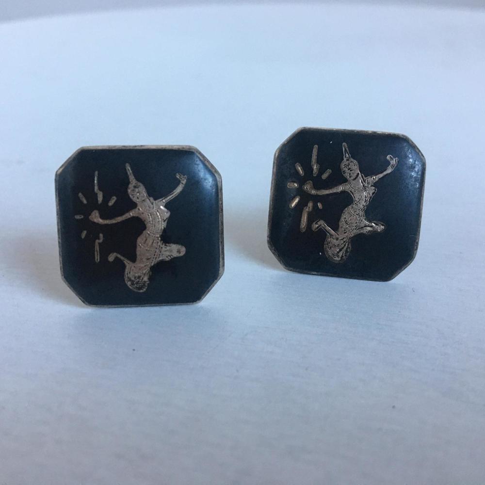 Vintage Asian Dancer Cuff Links, 1960s Silver Tone